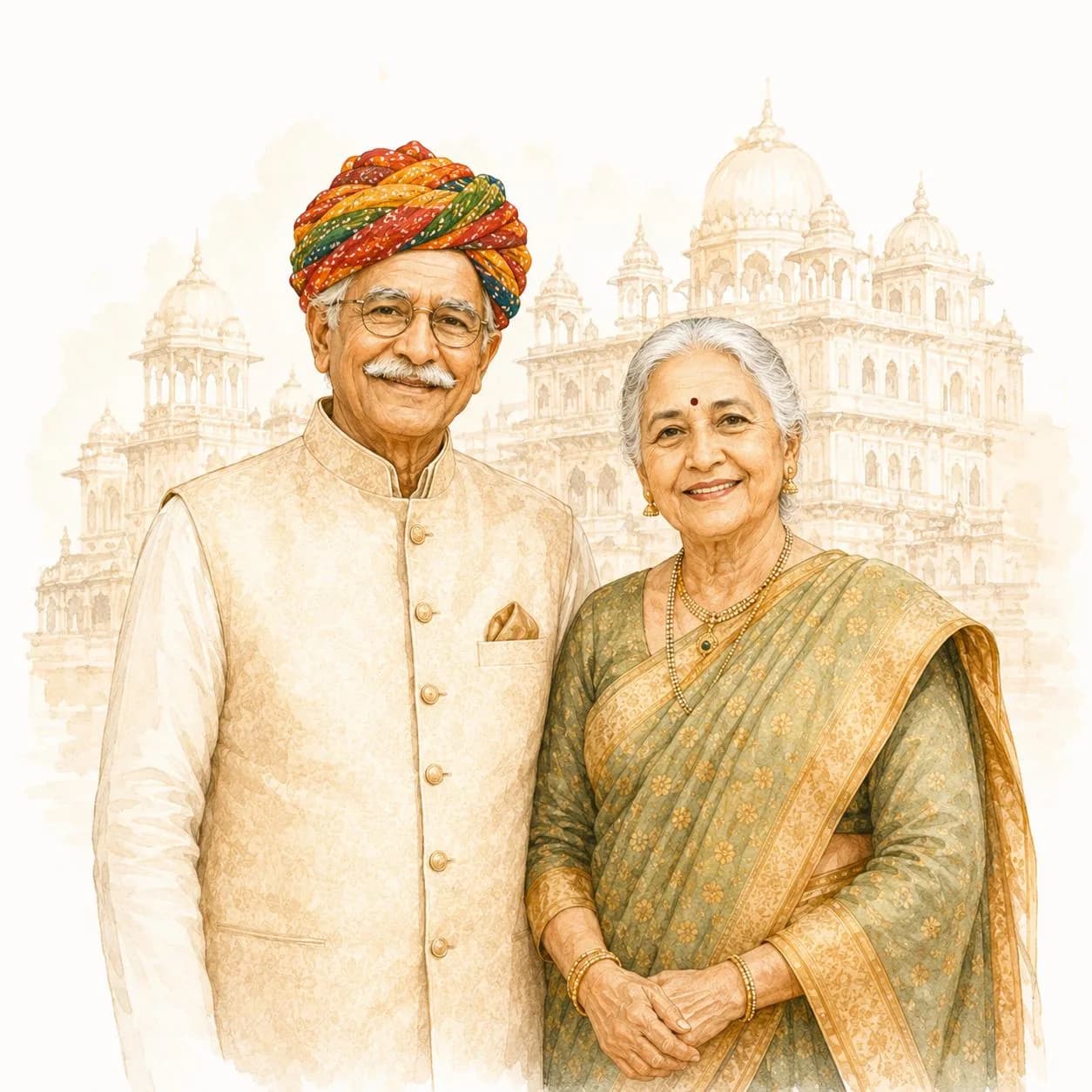 Traditional Rajasthani couple offering a royal welcome
